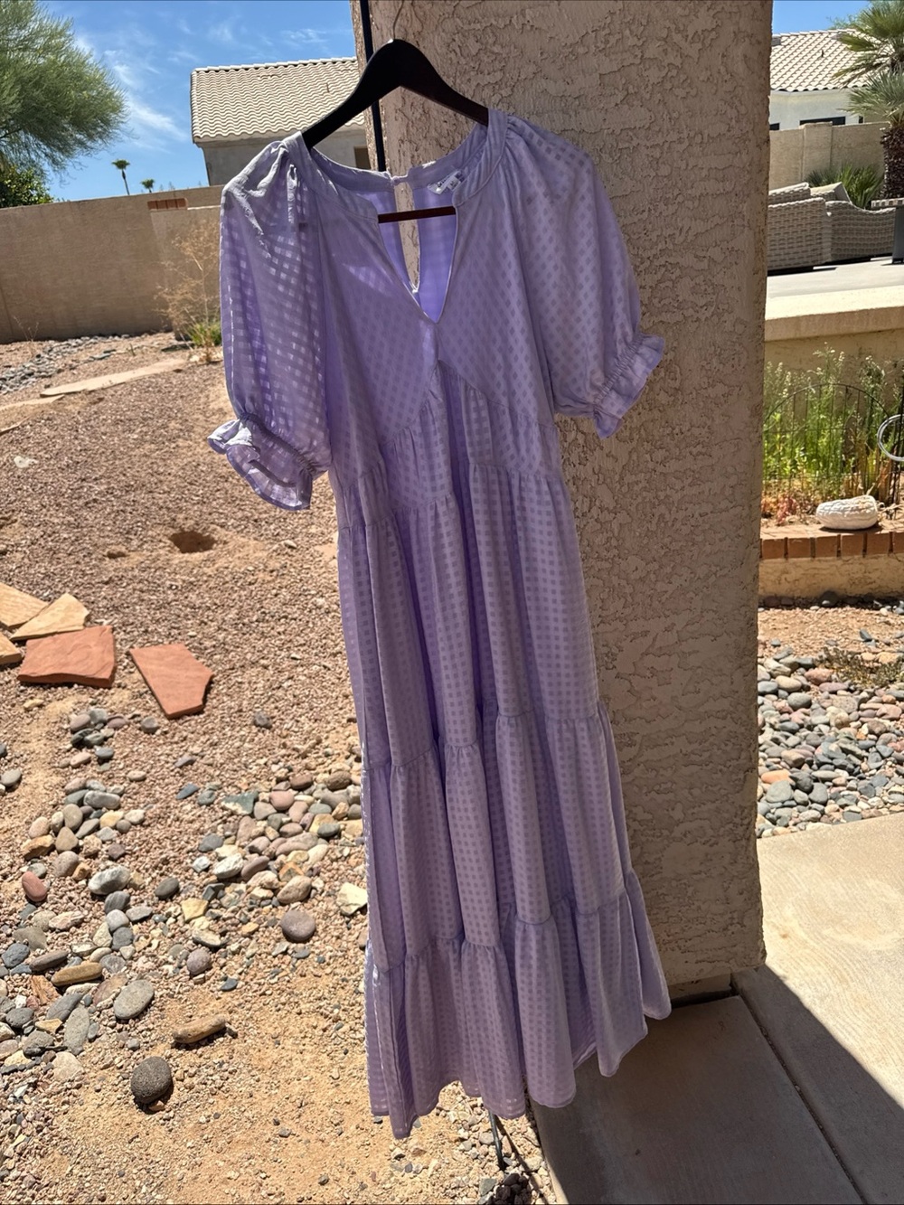 &merci Purple Poppy  Tiered Maxi Dress Puff Sleeve Cotton Medium D1